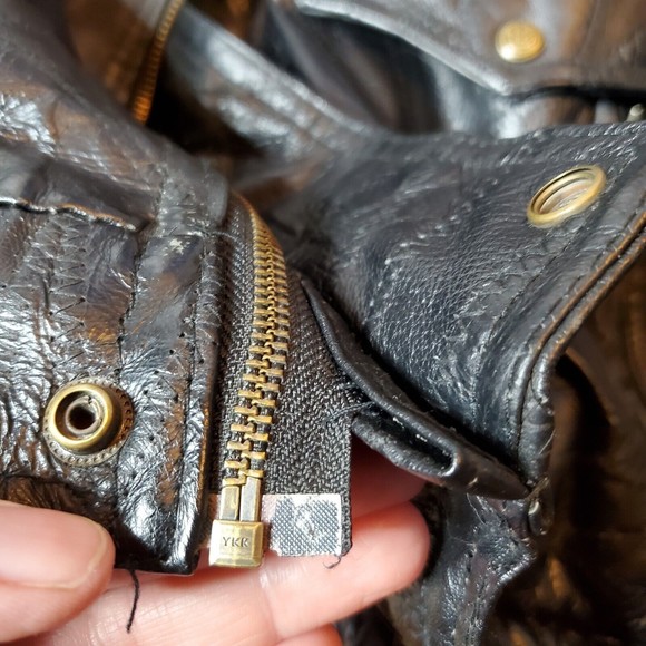 Vintage LeWorld Leather Bomber Jacket Black Patchwork Biker Motorcycle Mens Lg - Picture 16 of 16